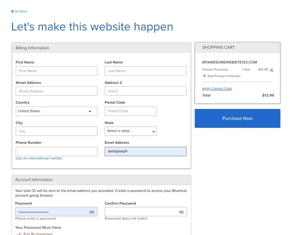 create bluehost account